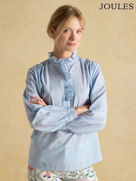 Joules Melanie Blue/White Cotton Ruffle Blouse (B12997) | £49