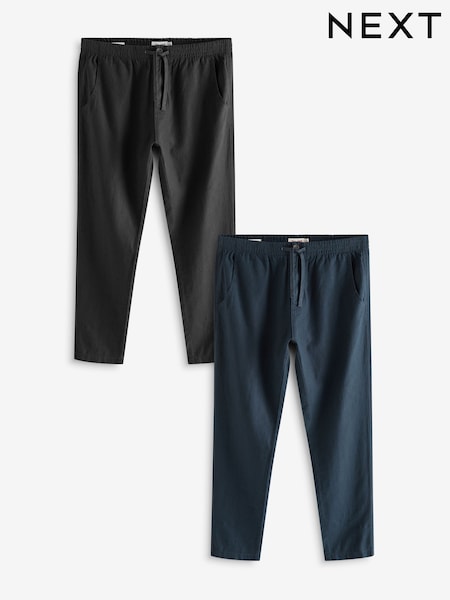 Navy Blue/Charcoal Grey Linen Cotton Elasticated Drawstring Trousers 2 Pack (B14201) | £54