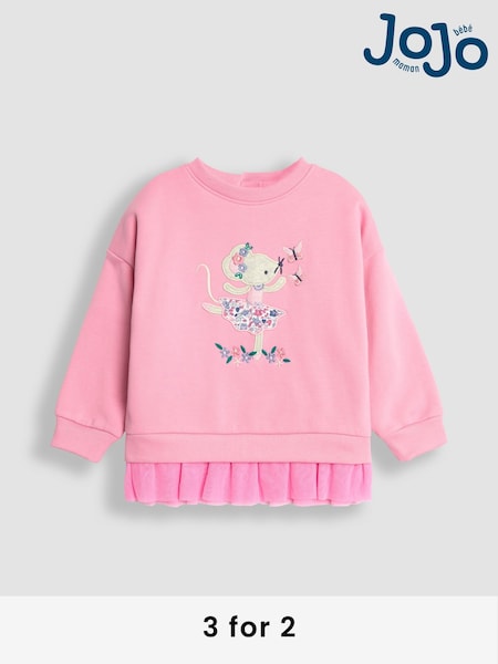 JoJo Maman Bébé Rose Pink Mouse Appliqué Tulle Frill Sweatshirt (B14221) | £25