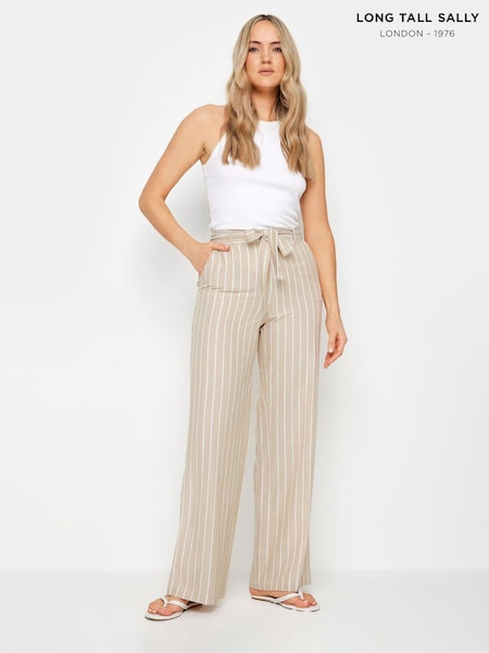 Long Tall Sally Natural LTS Tall Stone Brown Stripe Linen Wide Leg Trousers (B14488) | £39