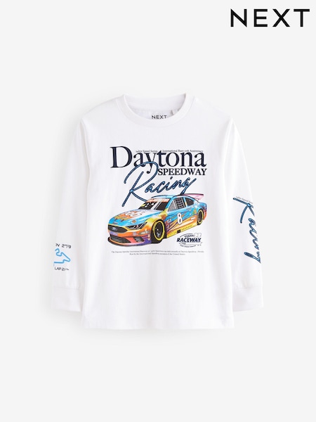 White Racing Car Relaxed Fit Long Sleeve Graphic Print 100% Cotton T-Shirt (3-16yrs) (B14519) | £9 - £12