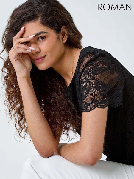 Roman Black Floral Stretch Lace Top (B14548) | £32