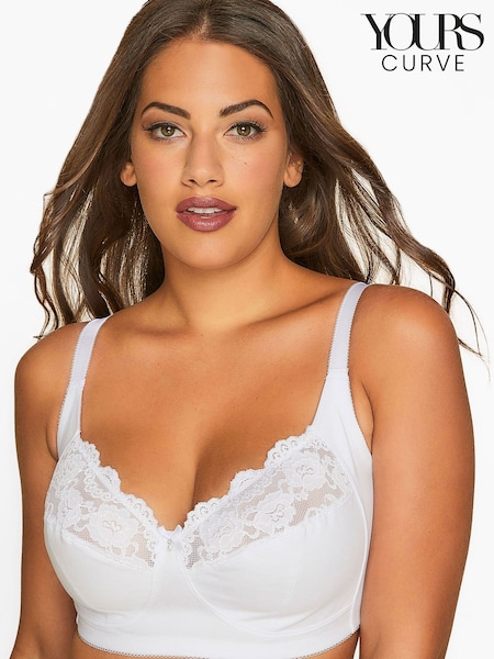 Yours Curve White Non Wired Cotton Lace Trim Bra (B14598) | £26