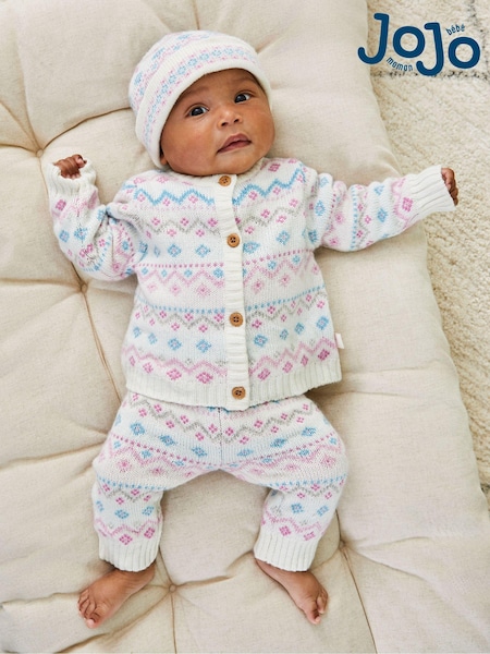 JoJo Maman Bébé Cream 3 Piece Fair Isle Pattern Baby Knit Cardigan, Trousers & Hat Set (B15230) | £32