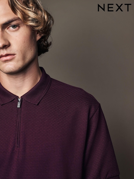 Fig Red Short Sleeve Textured Quarter Zip Polo Shirts (B15303) | £24