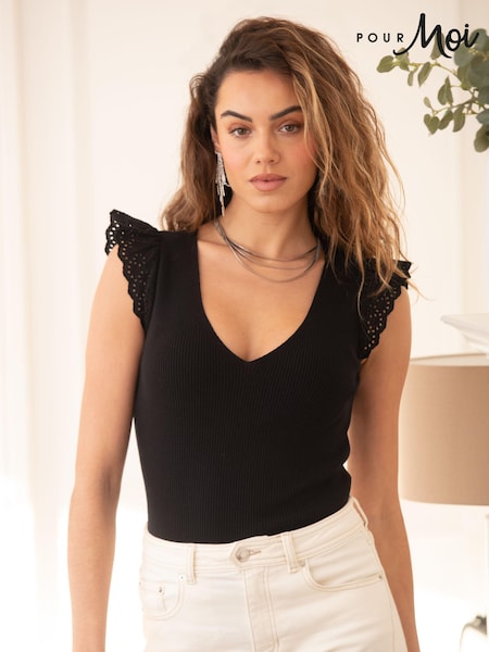 Pour Moi Black Sara Broderie Frill Sleeve Rib Knit Vest (B15506) | £42