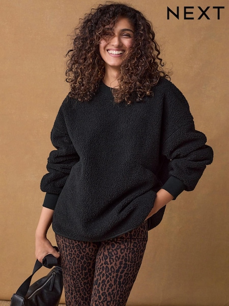 Black Print Relaxed Fit Teddy Borg Fleece Cord Back Longline Crew Neck Sweatshirt (B15563) | £16