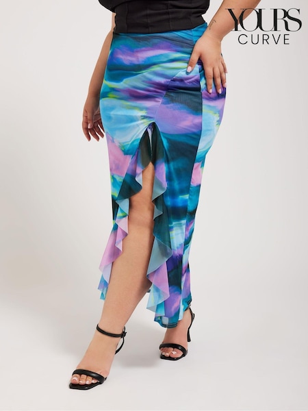 Yours Curve Green Mesh Ruffle Maxi Skirt (B15743) | £39