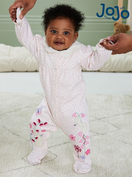 JoJo Maman Bébé Pink Mouse Appliqué Frill Collar Sleepsuit (B16055) | £21