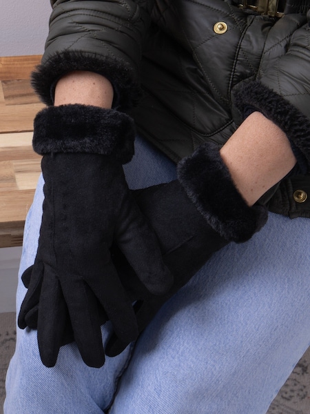 Totes Black Isotoner Ladies One Point Suede Winter Gloves with Faux Fur Cuff Detail (B16223) | £20