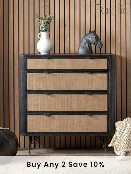 Pacific Black Fiji Acacia Wood and Rattan 4 Drawer Unit (B16531) | £820
