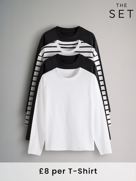 The Set Black/Black/White/Black & White Stripe 4 Pack Heavyweight Long Sleeve T-Shirts (B16660) | £32