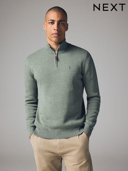 Sage Green Stag Plain Regular Fit 100% Cotton Premium Quarter Zip Jumper (B17109) | £39
