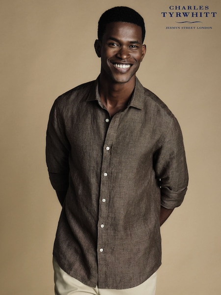 Charles Tyrwhitt Brown Slim Fit Plain Short Sleeve Pure 100% Linen Shirt (B20100) | £75