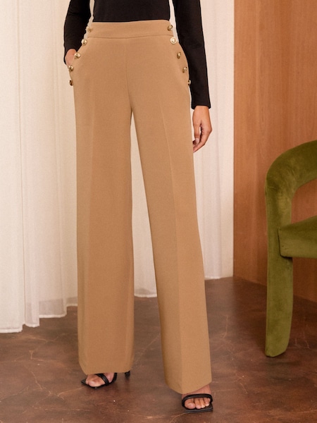 Love & Roses Camel Military Button Wide Leg Tailored Trousers (B21256) | £45