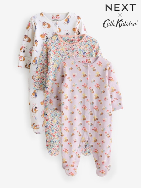 Lilac Purple Cath Kidston Floral Baby 100% Cotton Sleepsuits 3 Pack (B21258) | £22 - £24