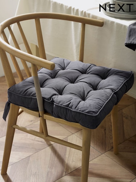 Charcoal Grey Linen Look Padded 100% Cotton Dining Chair Seat Cushions (B21435) | £16