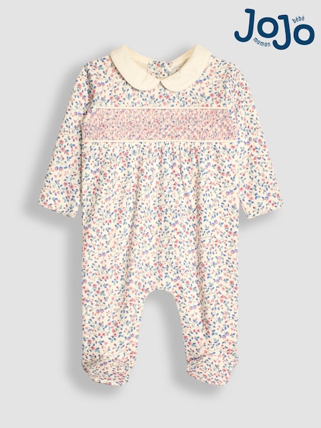 JoJo Maman Bébé Cream Pretty Smocked Sleepsuit (B21467) | £23