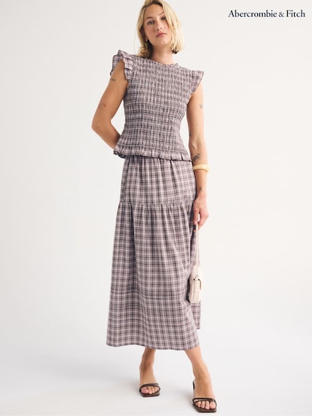 Brown - Abercrombie & Fitch Flowy Check Cotton Maxi Skirt