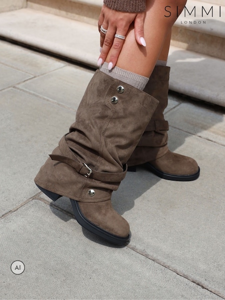 Brown - Simmi London Echo Knee High Foldover Biker Boots