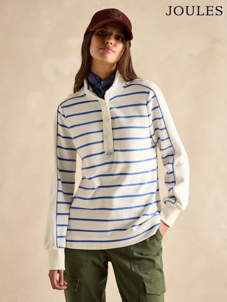 Joules Southwold Cream/Blue Cotton Button Down Striped Sweatshirt (B22458) | £65