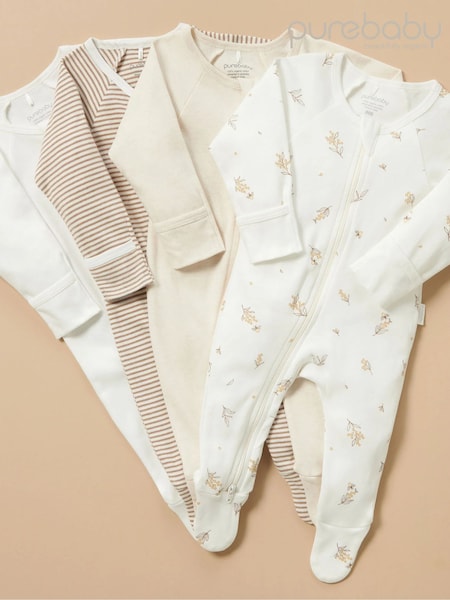 Purebaby Natural Zip 100% Cotton Sleepsuit 4 Pack (B22564) | £54