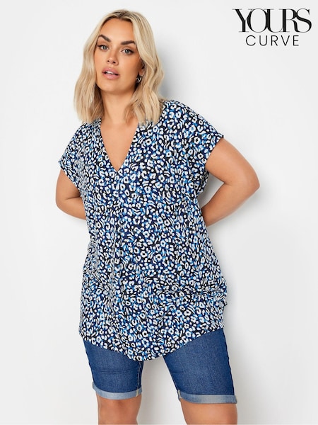 Yours Curve Blue Leopard Print Pleated Grown On Sleeve T-Shirt (B22955) | £24