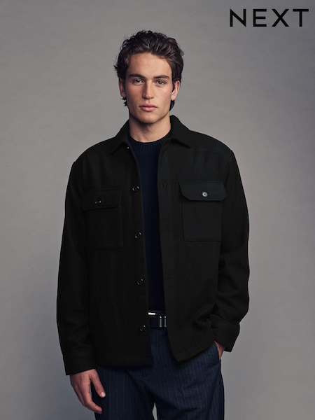 Black Twin Pocket Shacket Overshirt with Wool (B22978) | £49