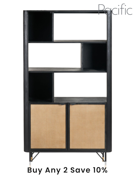 Pacific Black Acacia Wood and Rattan 2 Door 6 Niche Shelf Unit (B22986) | £915