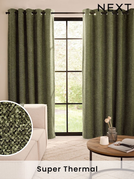Olive Green Bouclé Textured Eyelet Super Thermal Curtains (B23114) | £75 - £205