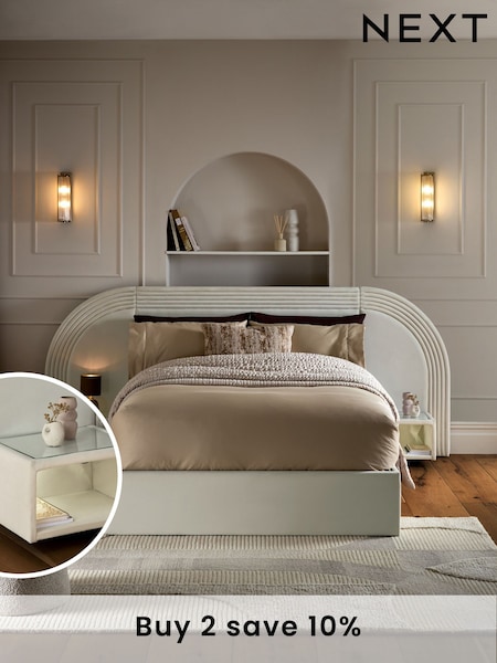 Soft Velvet Natural Oyster Iris Upholstered Hotel Bed Frame with Ottoman Storage Bedside Tables and Lights (B23363) | £1,315 - £1,415