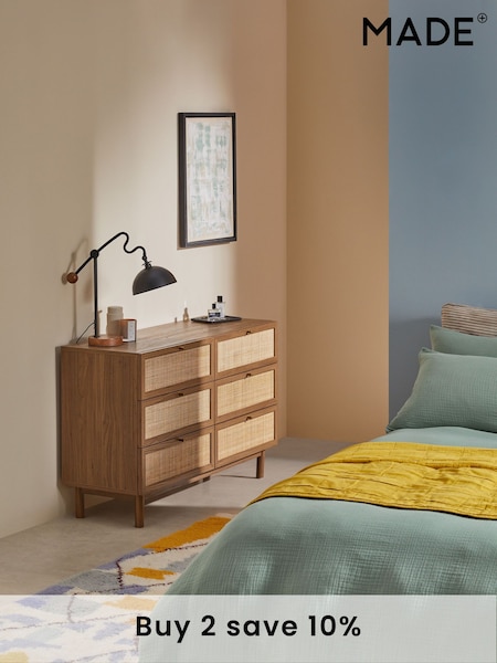 MADE.COM Dark Oak Effect Pavia Rattan 6 Drawer Wide Chest of Drawers (B23595) | £499