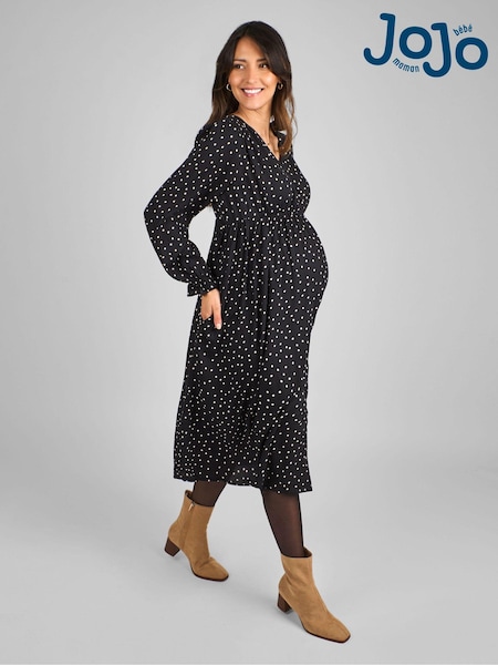 JoJo Maman Bébé Black Polka Dot V-Neck Maternity Midi Dress (B23919) | £49.50