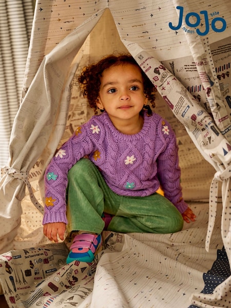 JoJo Maman Bébé Lilac Purple Floral Embroidered Cable Knit Jumper (B24342) | £27