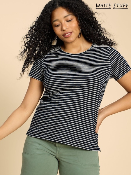 White Stuff Black Embroidered Stripe Abbie 100% Cotton T-Shirt (B24375) | £27
