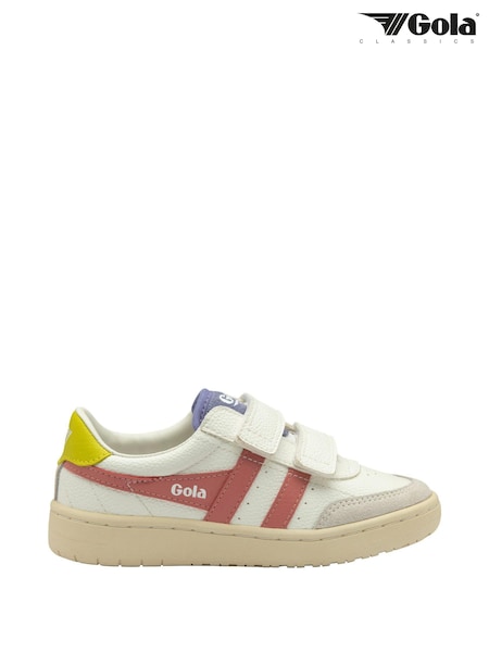 Gola White/Coral Pink/Sulphur Kids Falcon Strap PU Trainers (B24377) | £55
