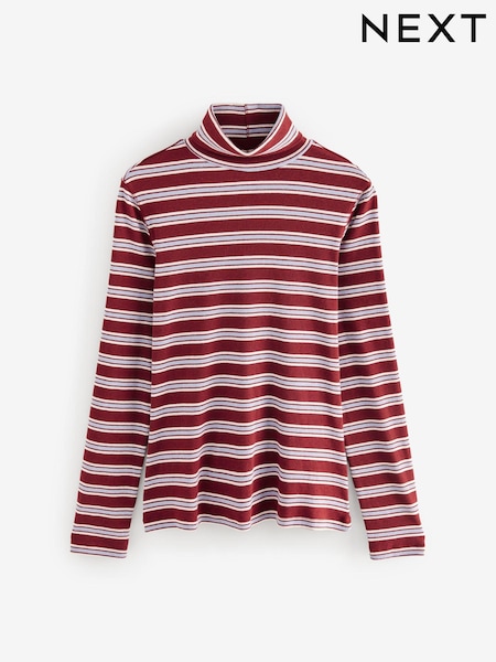 Red Berry/White Ecru Long Sleeve Ribbed Roll Neck Top (B24506) | £15.50