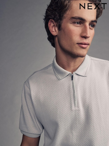 Grey Short Sleeve Textured Quarter Zip Polo Shirts (B24636) | £24