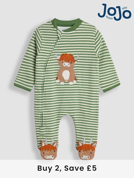 JoJo Maman Bébé Green Highland Cow Applique Zip Sleepsuit (B24660) | £21
