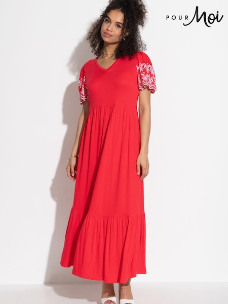 Pour Moi Red Nova Broderie Sleeve Crepe Jersey Midaxi Dress (B24918) | £42