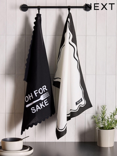 Set of 2 Black Slogan Tea 100% Cotton Towels (B25265) | £14