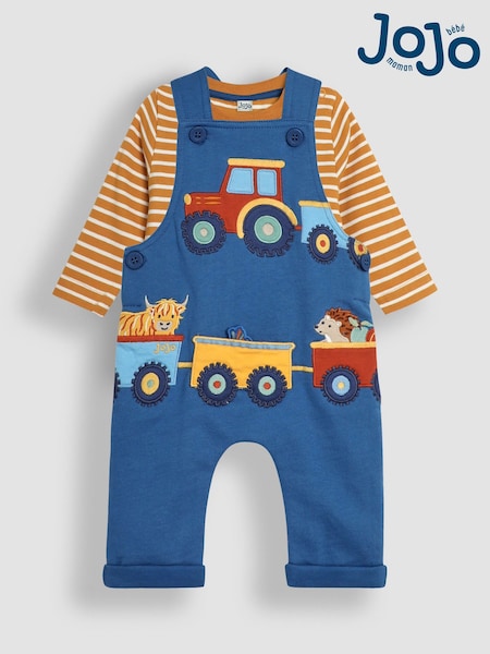 JoJo Maman Bébé Blue Tractor & Trailer Appliqué Dungarees & Top Set (B25296) | £27