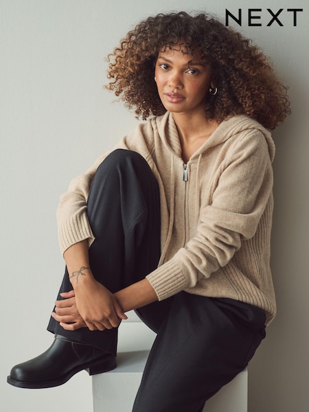 Neutral 100% Wool Premium Zip Through Knitted Hoodie (B26177) | £97