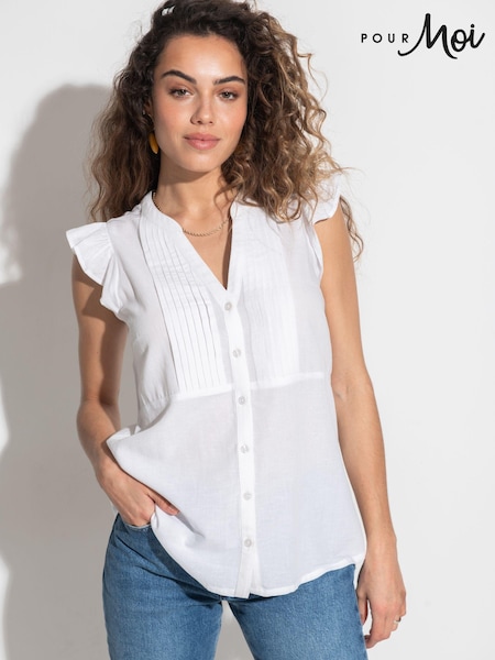 Pour Moi White Poppy Fuller Bust Woven Longline Frill Sleeve Shirt With Linen (B26397) | £35