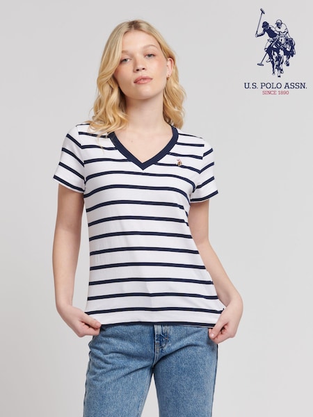 U.S. Polo Assn. Blue Regular Fit Womens Slub Stripe V-Neck 100% Cotton T-Shirt (B26494) | £30