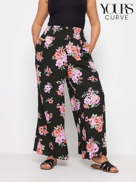 Yours Curve Black Floral Bloom Print Shirred Wide Leg Trousers (B26852) | £29