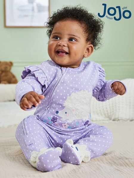 JoJo Maman Bébé Lilac Hedgehog Applique Zip Sleepsuit (B27261) | £21