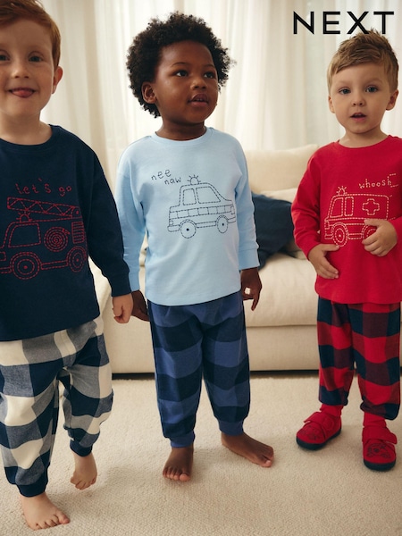 Red/Navy/Blue Vehicle Check Woven Bottom Pyjamas 3 Pack (9mths-8yrs) (B27290) | £31 - £37