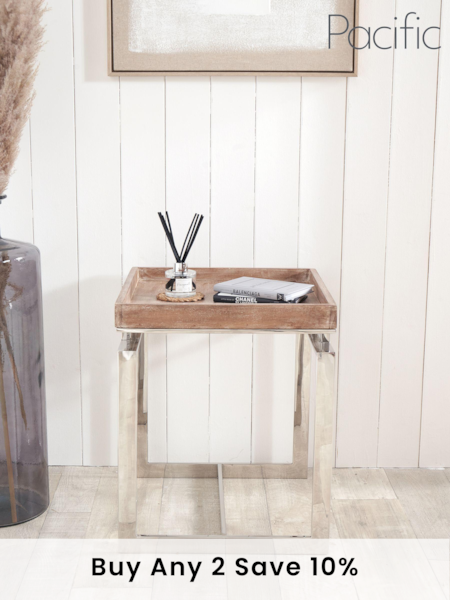 Pacific Mirrored Mango Wood and Silver Metal Side Table (B27729) | £275