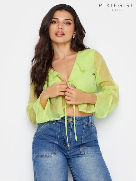 PixieGirl Petite Green Mesh Frill Tie Front Top (B27753) | £25